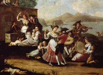 Escena de baile y fiesta popular en Nápoles. Bailarines de tarantela (tarantela, tarantela). Pintura anónima. Siglo XVIII, Nápoles, Museo Nazionale di San Martino