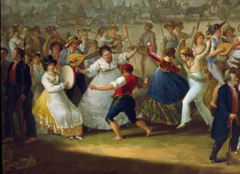 Escena de baile y fiesta popular en Nápoles: bailarines de tarantela. Pintura anónima. Siglo XVIII, Nápoles, Museo Nazionale di San Martino