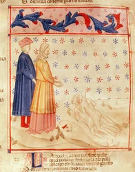 Dante y Virgilio (70-19 a.C.) descubren al conde Ugolino, de "La Divina Comedia" de Dante Alighieri (1265-1321) (vitela)