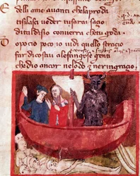 Dante y Virgilio en el bote de Flegias encuentran a Filippo Argenti (canto 8 del Infierno, en la Divina Comedia)