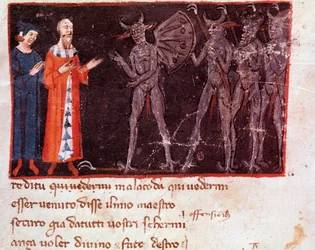 Dante y Virgilio hablan con Malacoda, líder de los escuadrones de Malebranche (canto 21 del Infierno, en la Divina Comedia) - Miniatura