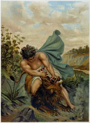 David luchando contra un león en "Aurea Bibbia classica: historia de la revelación divina en el antiguo y nuevo testamento" de Giovanni Ladislao Sykora (vol. 1), traducido por Don Clemente Benetti. (Biblia italiana)