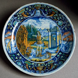 David triunfante sobre Goliat. Plato de cerámica producido en Faenza, Italia. Alrededor de 1507. Florencia, Museo Nazionale del Bargello