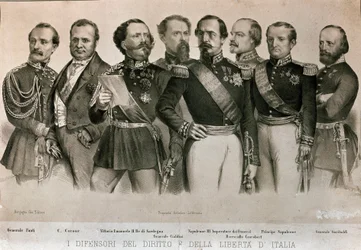 Defensores de la Ley y la Libertad de Italia: de izquierda a derecha, General Manfredo Fanti (1806-1855), Camillo Benso, Conde de Cavour (1810-1861), Rey de Cerdeña Vittorio Emanuele II (Victor Emmanuel), General Enrico Cialdini (1811-1892)