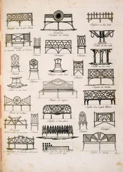 Diseños para asientos de jardín, de Un Compendio de Dibujos, por J.G. Grohmann, publicado en 1805
