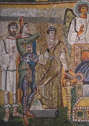 Detalle de Escenas de la primera venida de Cristo y de la infancia de Jesús, mosaico del arco triunfal de la basílica de Santa María la Mayor, Roma, Italia, siglo V.