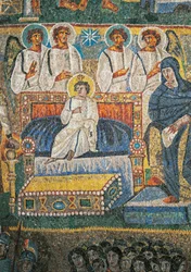 Detalle de Escenas de la primera venida de Cristo y de la infancia de Jesús, mosaico del arco triunfal de la basílica de Santa María la Mayor, Roma, Italia, siglo V.