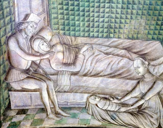 Detalle de un fresco del castillo de Roccabianca, en Parma, de 1480, hoy en el Castello Sforzesco de Milán. Representa la historia de Griselda, extraída de un cuento del "Decamerón" de Giovanni Boccacio (1313 - 1375). (Grisélidis). Este es el sto