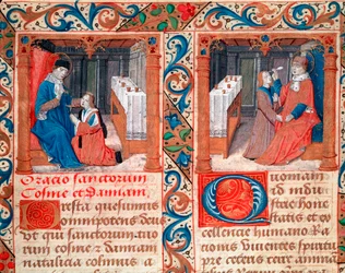 Doctor operando el cráneo de un paciente (trepanación del cráneo) Representación de los Santos Cosme y Damián, médicos. Miniatura del manuscrito "Statuto della Confraternita dei Santi Cosma e Damiano" Arte gótico italiano del siglo XVI