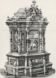 Gabinete de ébano con incrustaciones por el ebanista Alessandro Monteneri de Perugia, ilustración de la exposición italiana en 1881 en Milán, Italia