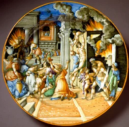 Eneas y su padre Anquises durante el incendio de Troya. Plato de cerámica producido en Urbino, Italia. Alrededor de 1560 Florencia, Museo Nacional del Bargello
