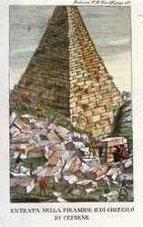 Entrada de Belzoni en la Pirámide de Guizeh (Guiseh, Giza, Giza) o Kefrén (Imperio Antiguo). Giovanni Battista (Gianbattista) Belzoni (1778-1823), explorador y arqueólogo italiano, hizo importantes descubrimientos arqueológicos en Egipto. Grabado - en