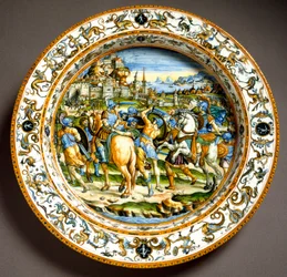 Episodio de la vida de Julio César. Plato de cerámica producido en Urbino en el taller Fontana, Italia. Alrededor de 1550. Florencia, Museo Nazionale del Bargello