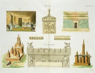 Sarcófagos y sepulcros etruscos, lámina 7, clase 6 de la Parte I de La historia de las naciones, grabada por A. Nani