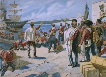 Expedición de los Mil bajo el liderazgo de Giuseppe Garibaldi, desembarco en Marsala, Sicilia, 1860, ilustración de un álbum sobre la historia del Risorgimento hecho para el chocolate Talmone, finales del siglo XIX