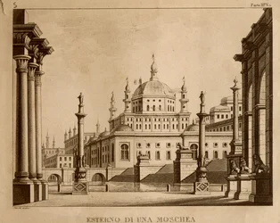 Exterior de una mezquita, diseño de escenario para 