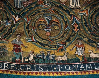 Figuras de pastores y animales, (detalle) del Triunfo de la Cruz del medallón del ábside (mosaico)