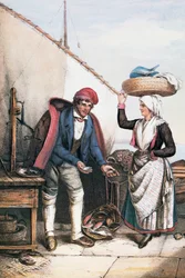 Pescadero y campesino, ilustración de Trajes de Istria, Italia