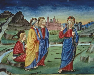 Fol.103v Después de la Transfiguración Cristo dice a los apóstoles que no lo revelen hasta después de la Resurrección (vitela) (detalle)