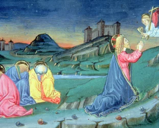 Fol.104r Habiendo orado en el Monte de los Olivos llega un ángel a consolar a Cristo (vitela)