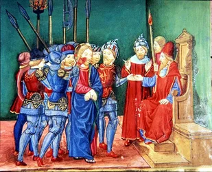 Fol.106v Cristo es conducido como prisionero ante Anas, el sumo sacerdote (vitela)
