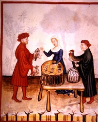 Fol.67r La venta de palomas jóvenes, ilustración de 