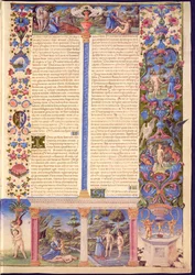 Fol.6r Génesis. La creación de Adán y Eva, de la Biblia de Borso d