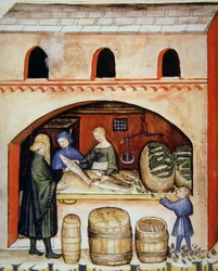 Fol.82v Pescado salado, ilustración del Tacuinum Santiatis Codex Vindobonensis