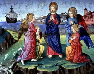 Fol.83r Cristo está protegido por un círculo de ángeles (vitela)