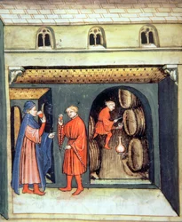 Fol.86v Vino de fruta añejo, ilustración del Tacuinum Santiatis Codex Vindobonensis