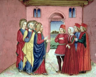Fol.89R Los fariseos presentan a Cristo una mujer sorprendida en adulterio (vitela)