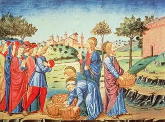 Fol.90v Cristo y el milagro de los cinco panes y los dos peces (vitela)