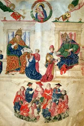Fundación de la Universidad de Bolonia por el emperador Teodosio II (408-450) y privilegios concedidos por el papa Pablo II (1417-71) (vitela)