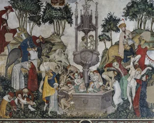 Fuente de la Juventud, detalle de la Fuente de la Juventud, fresco de la Sala Baronal, Castillo de Manta, Saluzzo, Piamonte, Italia