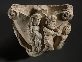 Fragmento de un capitel con escenas de la infancia de María, taller de la Catedral de Monopoli, principios de 1100s
