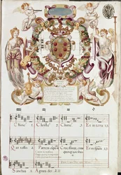 Frontispicio con escudo de armas de Médici de la partición de Missa ducalis