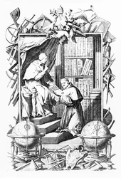 Frontispicio para Biblioteca Universale Sacro-Profana, Vol. 1 por Vincenzo Coronelli, impresión realizada por Alessandro dalla Via, publicado en 1701