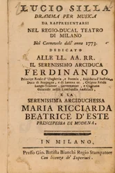 Frontispicio de Lucio Silla de Mozart, representado en Milán en 1773