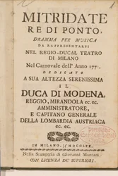 Frontispicio de una copia temprana de Mitridate, re di Ponte, una ópera de Wolfgang Amadeus Mozart, 1770