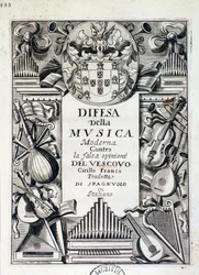 Portada de Defensa de la música moderna: contra la falsa opinión del obispo Cirillo Franco, por el rey Jacobo IV de Portugal
