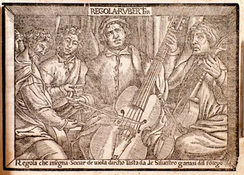 Frontispicio de Regola Rubertina tratado sobre viola da gamba por Silvestro Ganassi dal Fontego