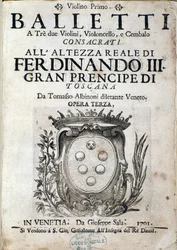 Portada de la partitura musical de Balletti a tre, ópera III de Tomaso Albinoni (1671-1750)