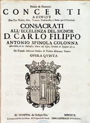 Portada de la partitura musical de “Concerti a cinque, opera 5” de Tomaso Albinoni