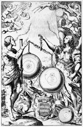 Frontispicio de Almagestum Novum por Giovanni Battista Riccioli, publicado en 1651
