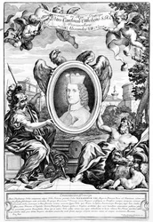 Frontispicio de Veteres arcus Augustorum triumphis insignes con un retrato del Cardenal Pietro Ottoboni, grabado por Robert van Audenaerde, 1690