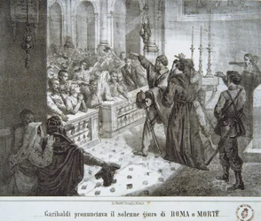 Garibaldi pronunciando la famosa frase, Roma o Muerte