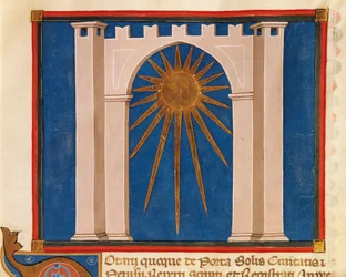 Puerta del Sol, miniatura del Registro de Notarios de Perugia, manuscrito, Italia, siglo XIV
