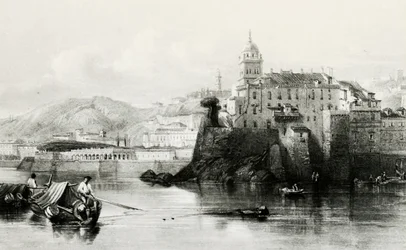 Muro del puerto de Génova con Villa Doria Pamphili al fondo, grabado, ca 1850, Italia