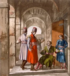 Hombres georgianos charlando y fumando en una arcada, c. décadas de 1820-30