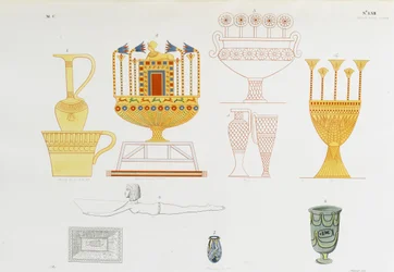Vasijas de oro y frascos de vidrio de la tumba tebana